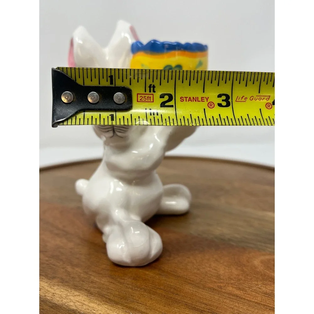 K's Collection White Bunny‎ Rabbit Egg Cup Holder Yellow Blue Floral Design